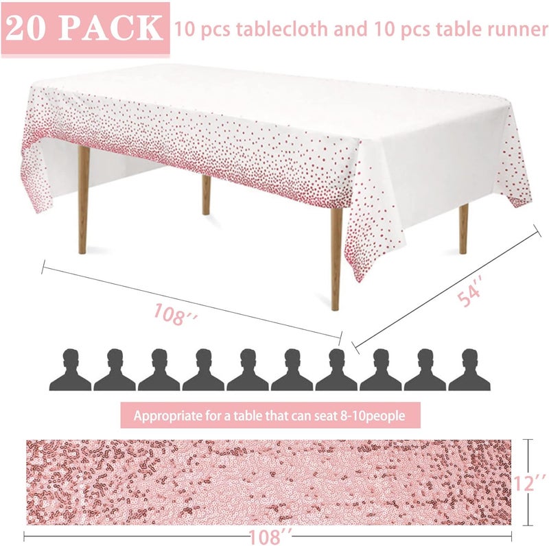 klarako 10 Packs Sequin Table Runner and 10 Packs Tablecloth, 12 x108 Inch Rose Gold Table Runner 54 x108 Inch Rectangle Disposable Plastic Table Cloths Table Cover for Party Birthday Wedding Table Decoration - Image 2