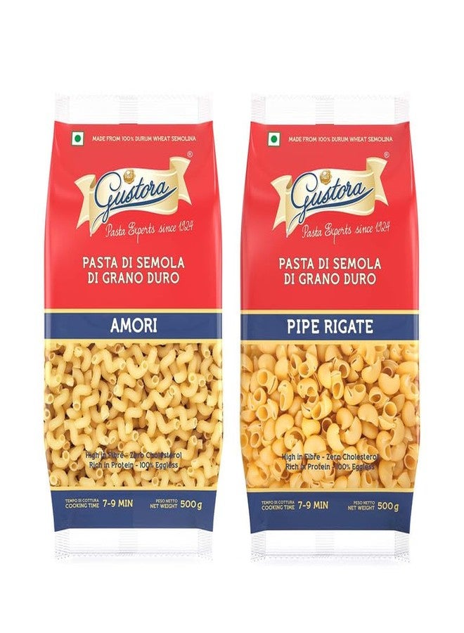 Gustora Healthy Amori & Pipe Rigate Pasta I Durum Wheat Semolina I Rich In Protein & Fibre I Zero Cholesterol I Vegetarian I No Trans - Fat I Cooking Time 10 Min - (500 Gm X 2) - Image 1