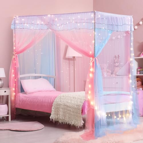 YEERSWAG Twin Size Bed Canopy with Lights, Bed Canopy for Girls Princess with Luminous Stars, Canopy Bed Curtains for Twin Bed Kids Indoor Decor Bedroom, 4 Corner Post Bunk Bed for Student Dormitory, Blue&Pink - Image 1