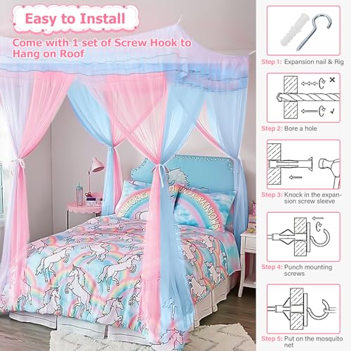 YEERSWAG Twin Size Bed Canopy with Lights, Bed Canopy for Girls Princess with Luminous Stars, Canopy Bed Curtains for Twin Bed Kids Indoor Decor Bedroom, 4 Corner Post Bunk Bed for Student Dormitory, Blue&Pink - Image 5