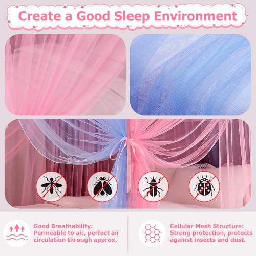 YEERSWAG Twin Size Bed Canopy with Lights, Bed Canopy for Girls Princess with Luminous Stars, Canopy Bed Curtains for Twin Bed Kids Indoor Decor Bedroom, 4 Corner Post Bunk Bed for Student Dormitory, Blue&Pink - Image 2