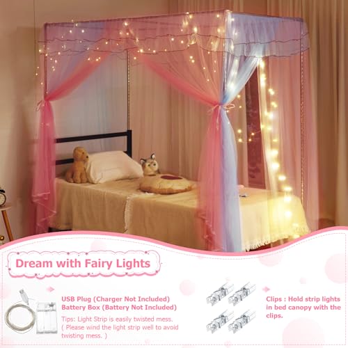 YEERSWAG Twin Size Bed Canopy with Lights, Bed Canopy for Girls Princess with Luminous Stars, Canopy Bed Curtains for Twin Bed Kids Indoor Decor Bedroom, 4 Corner Post Bunk Bed for Student Dormitory, Blue&Pink - Image 4