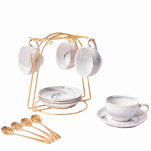 ZPGXLRZ Ceramic Espresso Cups Set with Saucers and Metal Stand, 4 oz Porcelain Stackable Cappuccino Cups Teacup For Tea, Espresso, Latte, Coffee, Cafe Mocha（Gray） - Image 1