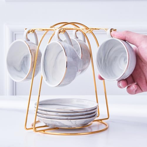 ZPGXLRZ Ceramic Espresso Cups Set with Saucers and Metal Stand, 4 oz Porcelain Stackable Cappuccino Cups Teacup For Tea, Espresso, Latte, Coffee, Cafe Mocha（Gray） - Image 3
