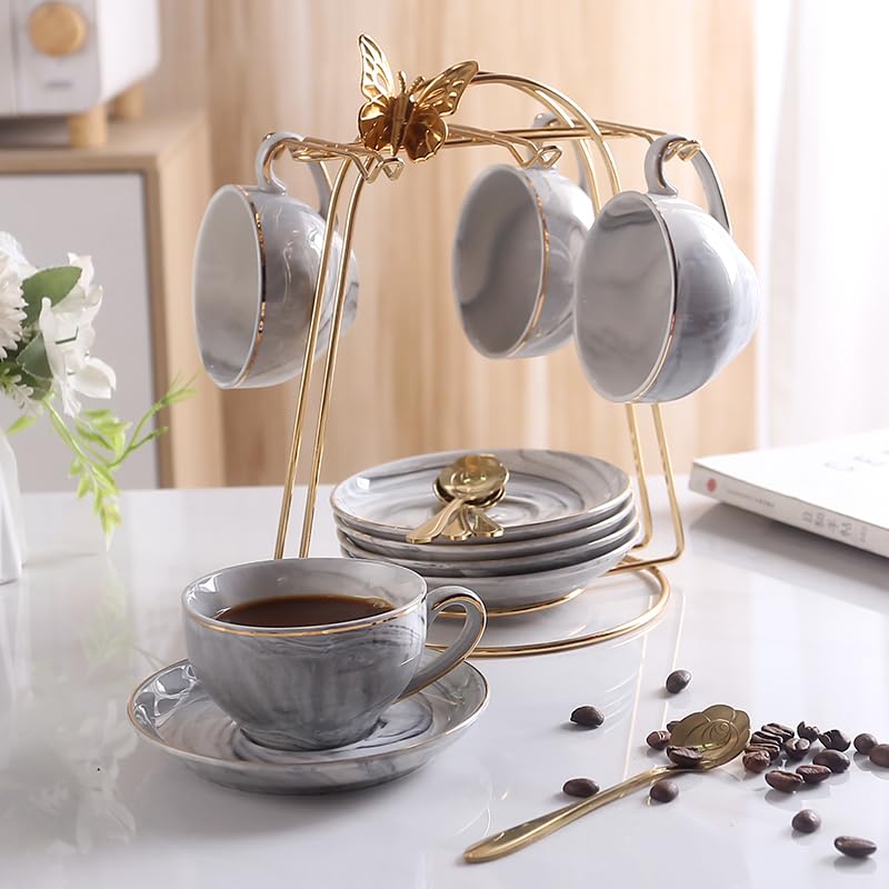 ZPGXLRZ Ceramic Espresso Cups Set with Saucers and Metal Stand, 4 oz Porcelain Stackable Cappuccino Cups Teacup For Tea, Espresso, Latte, Coffee, Cafe Mocha（Gray） - Image 2