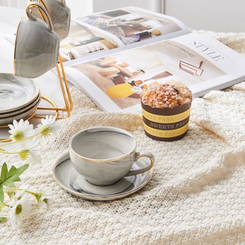 ZPGXLRZ Ceramic Espresso Cups Set with Saucers and Metal Stand, 4 oz Porcelain Stackable Cappuccino Cups Teacup For Tea, Espresso, Latte, Coffee, Cafe Mocha（Gray） - Image 5