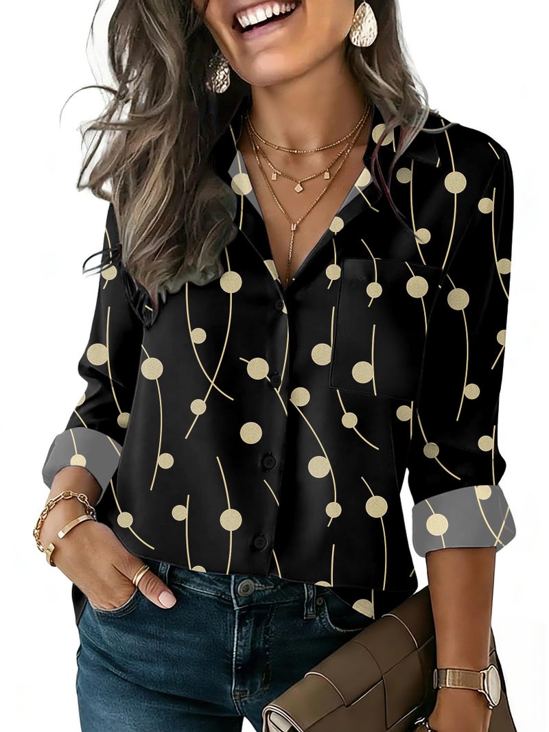 HOTOUCH Button Down Shirts for Women Dressy Casual Black Printed Long Sleeve Blouses Spring Work Tops Office Clothes XL - Image 2