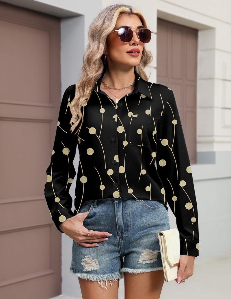 HOTOUCH Button Down Shirts for Women Dressy Casual Black Printed Long Sleeve Blouses Spring Work Tops Office Clothes XL - Image 4
