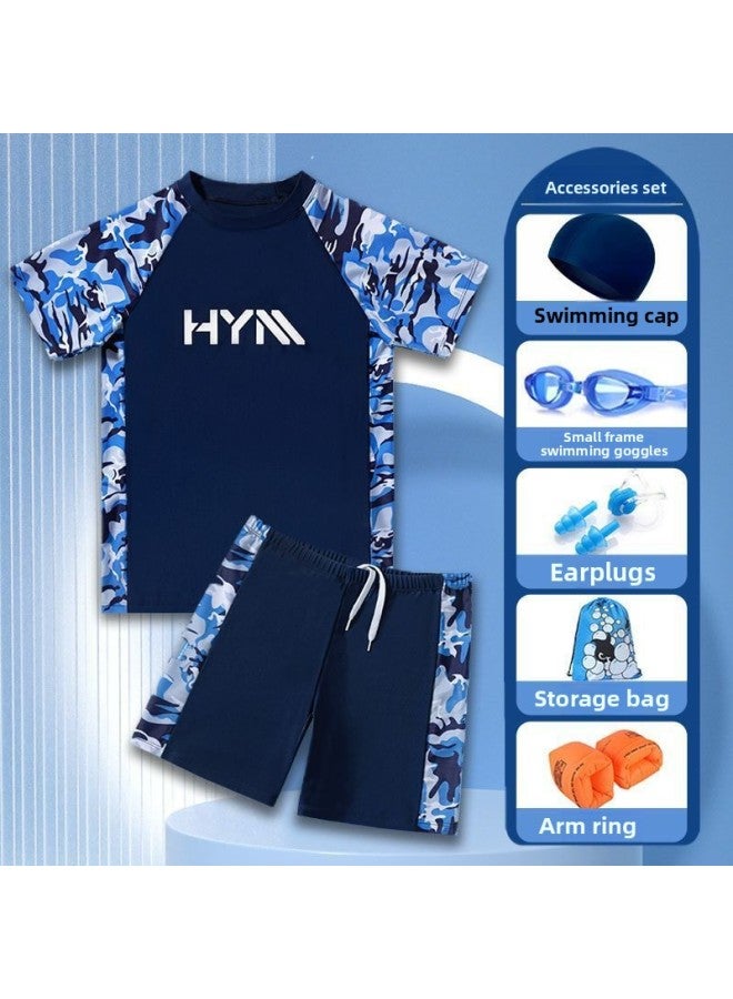 Boys' Swimsuit Juvenile Swimsuit 15 To 18 Years Old Children's Swimming Equipment Full Set Swimming Cap Swimming Goggles-Colour:[full Set Of Accessories For Worry-free Swimming] Blue Camouflage Seven-piece Suit-xl [suitable For 30-37.5kg Persons]