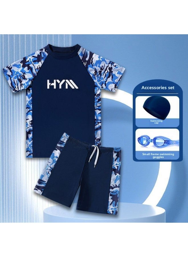 Boys' Swimsuit Juvenile Swimsuit 15 To 18 Years Old Children's Swimming Equipment Full Set Swimming Cap Swimming Goggles-Colour:[full Set Of Accessories For Worry-free Swimming] Blue Camouflage Seven-piece Suit-xl [suitable For 30-37.5kg Persons]