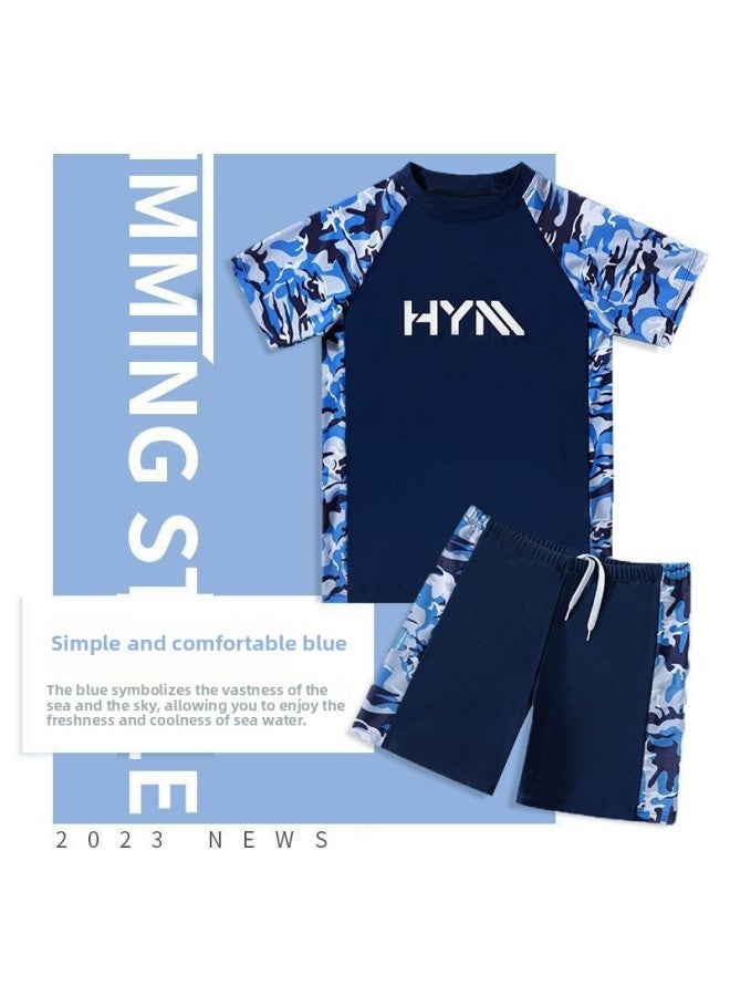 Boys' Swimsuit Juvenile Swimsuit 15 To 18 Years Old Children's Swimming Equipment Full Set Swimming Cap Swimming Goggles-Colour:[full Set Of Accessories For Worry-free Swimming] Blue Camouflage Seven-piece Suit-xl [suitable For 30-37.5kg Persons]