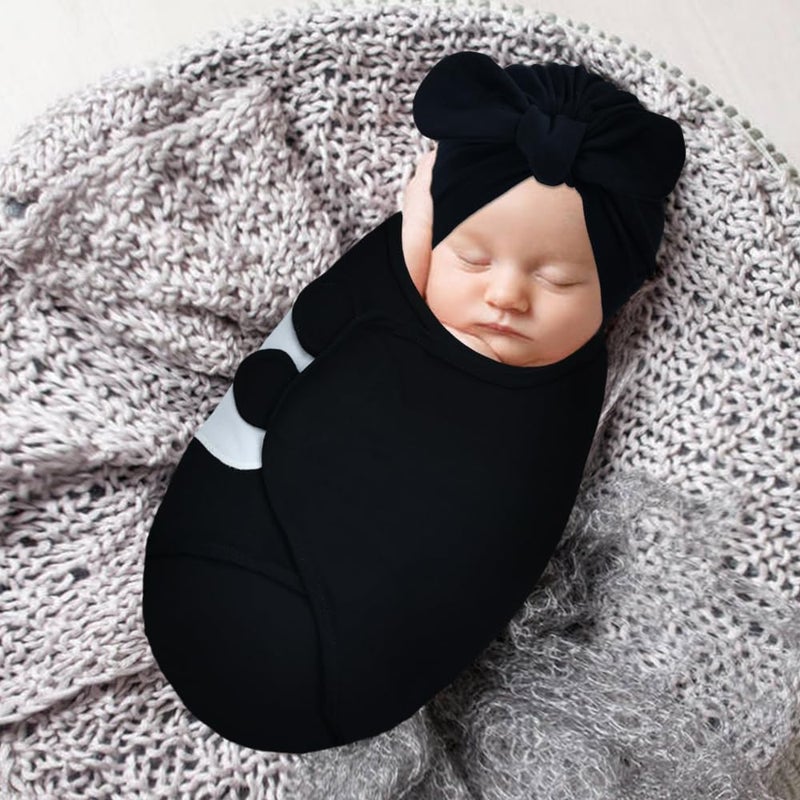 Cinaci 2 Pack Soft Cotton Baby Receiving Swaddle Blankets Wraps Sleep Sacks with Matching Bow Newborn Nursery Bow Hats Caps Beanies Bonnets for Baby Girls Boys Newborns Infants (Multicolor S13) - Image 3