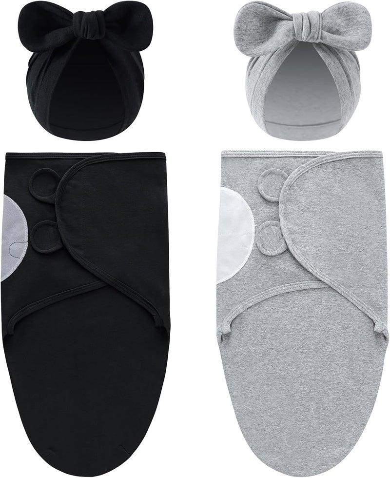 Cinaci 2 Pack Soft Cotton Baby Receiving Swaddle Blankets Wraps Sleep Sacks with Matching Bow Newborn Nursery Bow Hats Caps Beanies Bonnets for Baby Girls Boys Newborns Infants (Multicolor S13) - Image 1