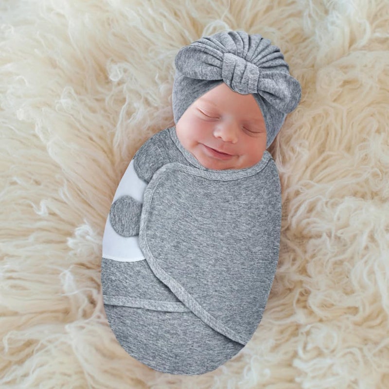Cinaci 2 Pack Soft Cotton Baby Receiving Swaddle Blankets Wraps Sleep Sacks with Matching Bow Newborn Nursery Bow Hats Caps Beanies Bonnets for Baby Girls Boys Newborns Infants (Multicolor S13) - Image 2
