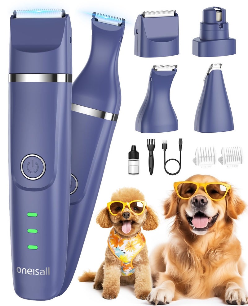 oneisall Dog Clippers Dog Paw Trimmer 4in1 Cordless Grooming Kit 2Speed Low Noise Clippers with Rechargeable Quiet Nail Grinder for Dogs Cats Blue