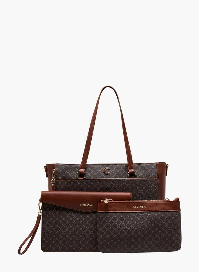 Women Monogram Print Tote Bag with Clutch and Pouch