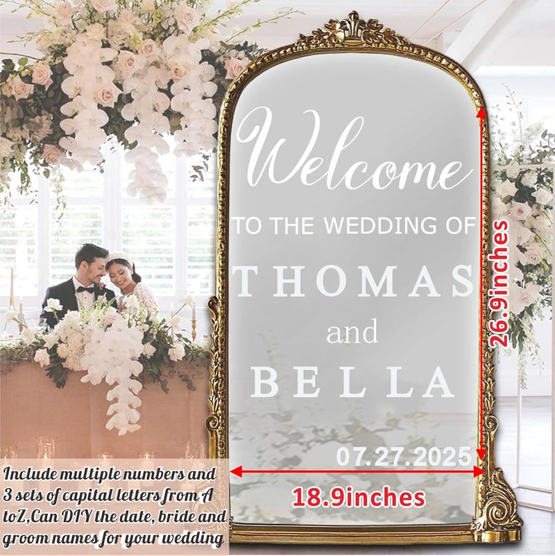 Haiddle Welcome to Our Wedding Signs Decals Customized Bride and Groom Names Mirror Decals Selfie Mirror Sticker for Wedding Reception Date Personalized Marriage DIY Lettering Wedding Party Vinyl Decal(White)  - Image 2