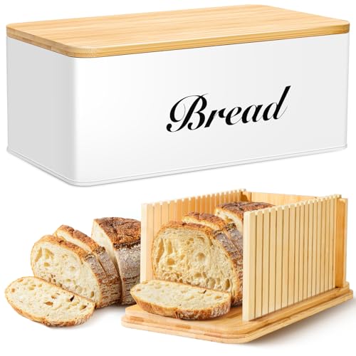 RYTOXILO Bread Slicer for Homemade Bread with Box, White Bread Storage for Kitchen Countertop with 3 in 1 Bamboo Lid, Bread Loaf Slicers Machine with Slicing Guide for Sandwich, Sourdough - Image 1