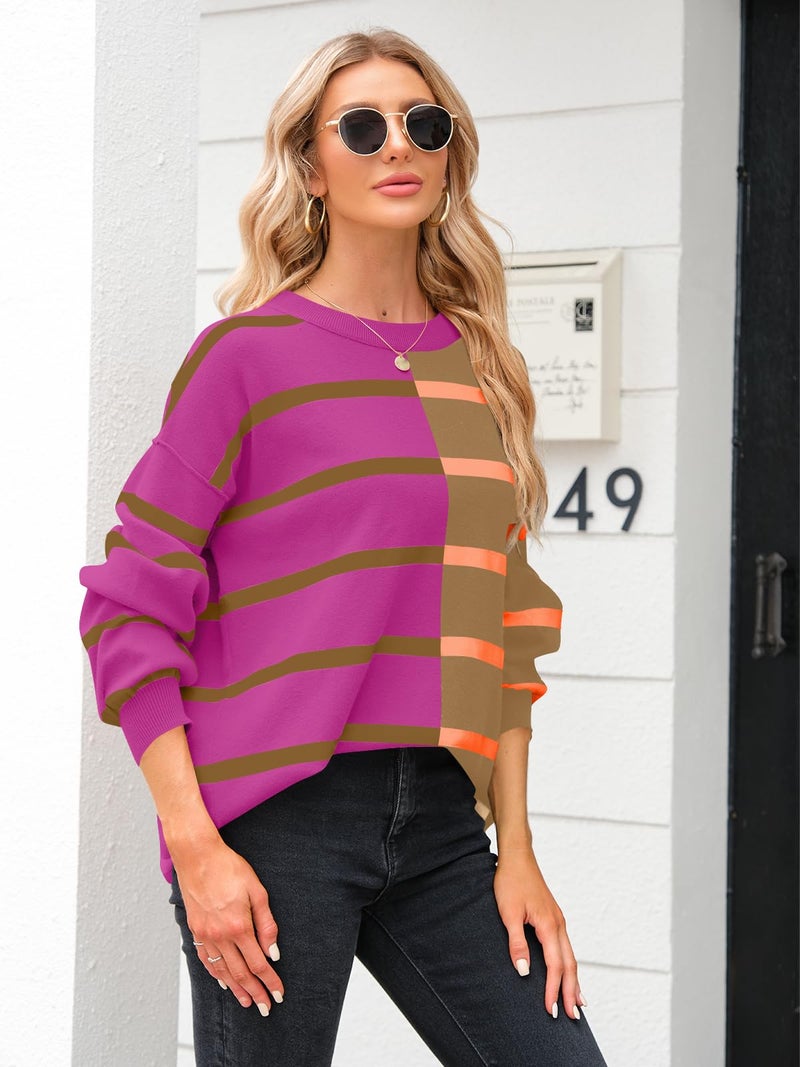 Fisoew Womens Striped Pullover Sweater Crew Neck Long Sleeve Knitted Color Block Casual Loose Lightweight Sweaters for Women Orange - Image 3
