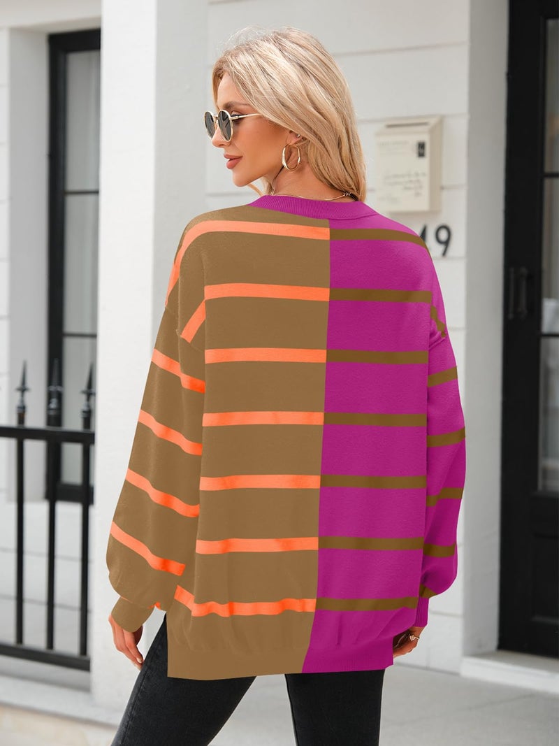 Fisoew Womens Striped Pullover Sweater Crew Neck Long Sleeve Knitted Color Block Casual Loose Lightweight Sweaters for Women Orange - Image 4