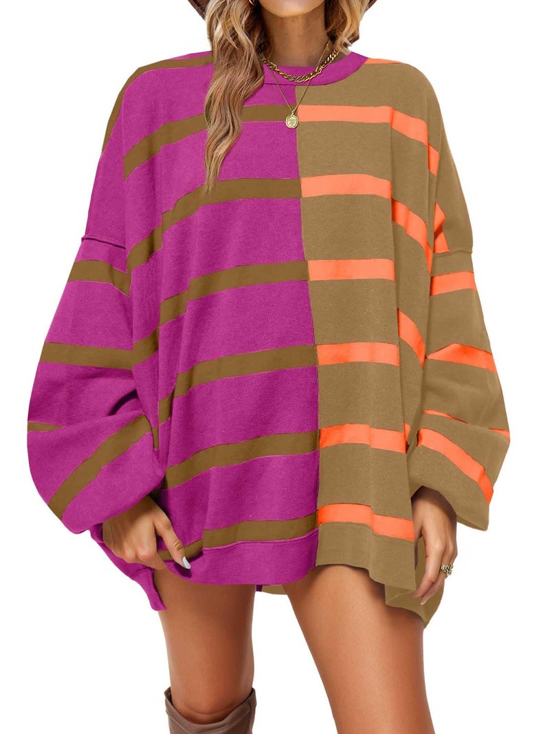 Fisoew Womens Striped Pullover Sweater Crew Neck Long Sleeve Knitted Color Block Casual Loose Lightweight Sweaters for Women Orange - Image 1