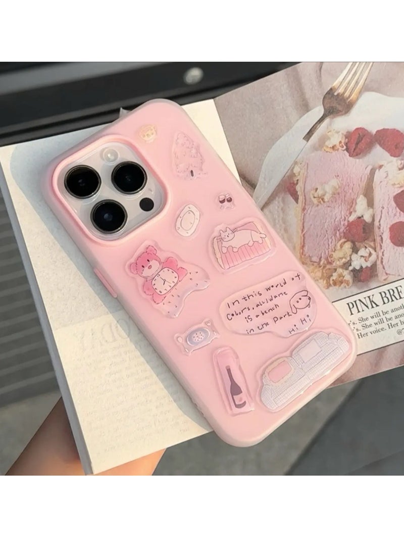 NIBEMINENT 3D Sticker Teddy Bear Protective TPU Case Cover For iPhone 14, Pink
