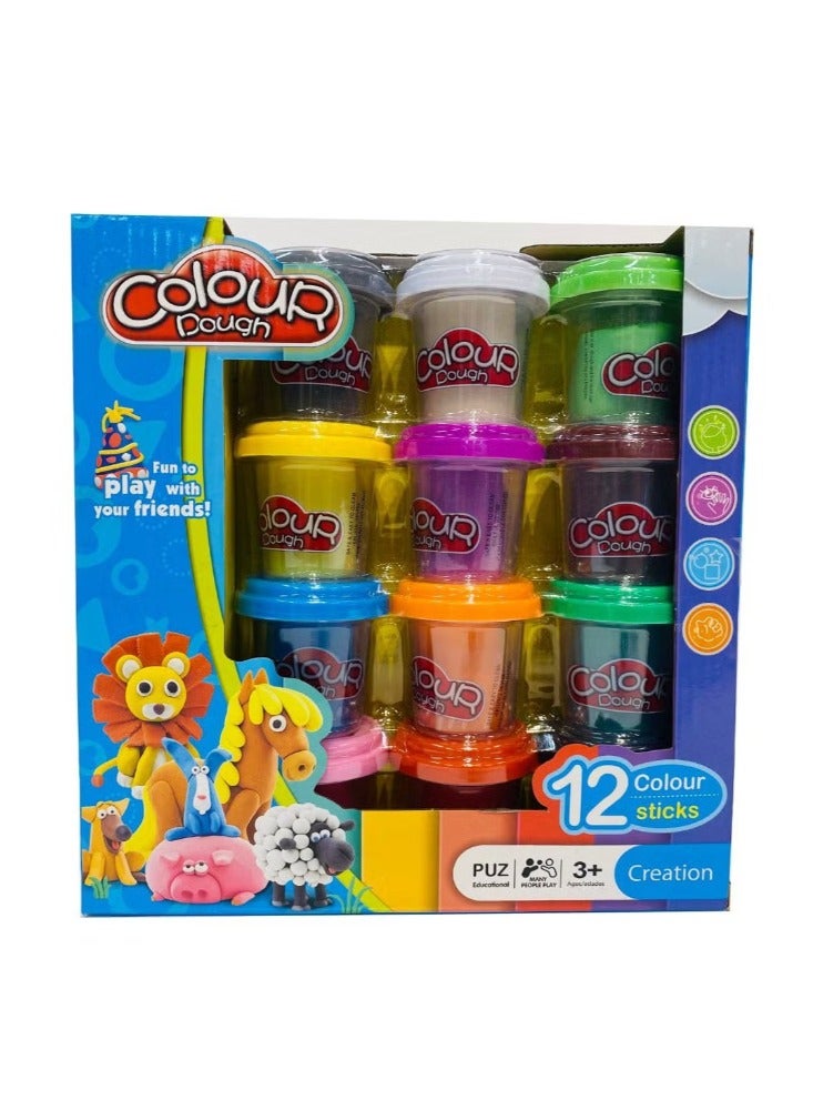 12 Pots Of Color Dough With 3 Moulds