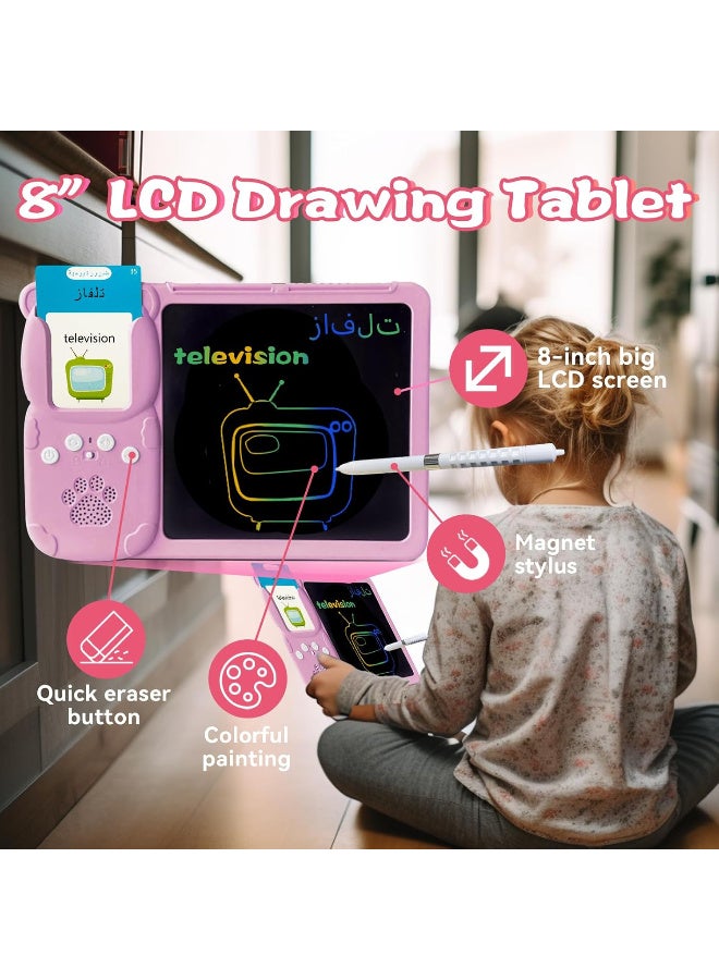 TFiOXL بطاقات تعليمية ناطقة باللغتين الإنجليزية والعربية - جهاز لوحي للكتابة بشاشة LCD مقاس 8 بوصات للأطفال من سن 3 إلى 12 عامًا، ثنائي اللغة، 510 كلمة بصرية، خطاب جيب للأطفال الصغار، لوحة رسم تخطيطي - Image 2