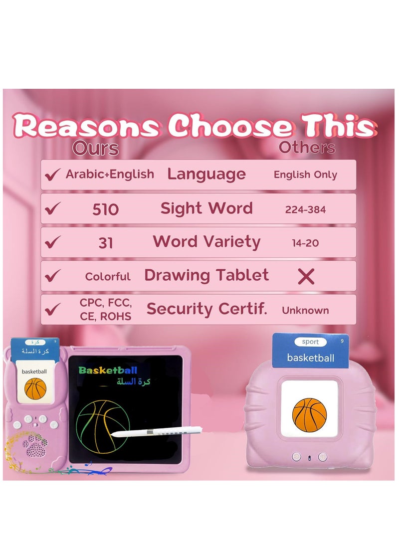 TFiOXL بطاقات تعليمية ناطقة باللغتين الإنجليزية والعربية - جهاز لوحي للكتابة بشاشة LCD مقاس 8 بوصات للأطفال من سن 3 إلى 12 عامًا، ثنائي اللغة، 510 كلمة بصرية، خطاب جيب للأطفال الصغار، لوحة رسم تخطيطي - Image 5