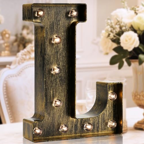 OYCBUZO Golden Black Led Marquee Letter - Industrial, Vintage Style Light Up Alphabet Letter Sign for Cafe Wedding Birthday Party Christmas Lamp Home Bar Initials Decor - L - Image 1