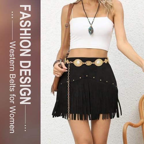 WHIPPY Women Concho Chain Belt Metal Link Western Cowgirl Turquoise Chain Belt for Dress Gold S - Image 5