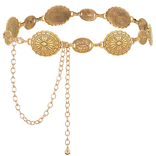 WHIPPY Women Concho Chain Belt Metal Link Western Cowgirl Turquoise Chain Belt for Dress Gold S - Image 1