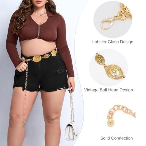 WHIPPY Women Concho Chain Belt Metal Link Western Cowgirl Turquoise Chain Belt for Dress Gold S - Image 3