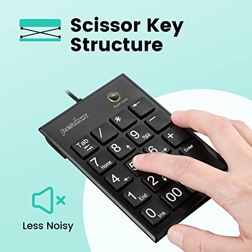 Perixx PPD-202 Wired 19 Keys Slim Numeric Keypad, Big Print Font, Silent Notebook Scissor Key Number Keypad with Tab Key and Num Lock, Black - Image 4