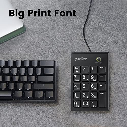 Perixx PPD-202 Wired 19 Keys Slim Numeric Keypad, Big Print Font, Silent Notebook Scissor Key Number Keypad with Tab Key and Num Lock, Black - Image 2