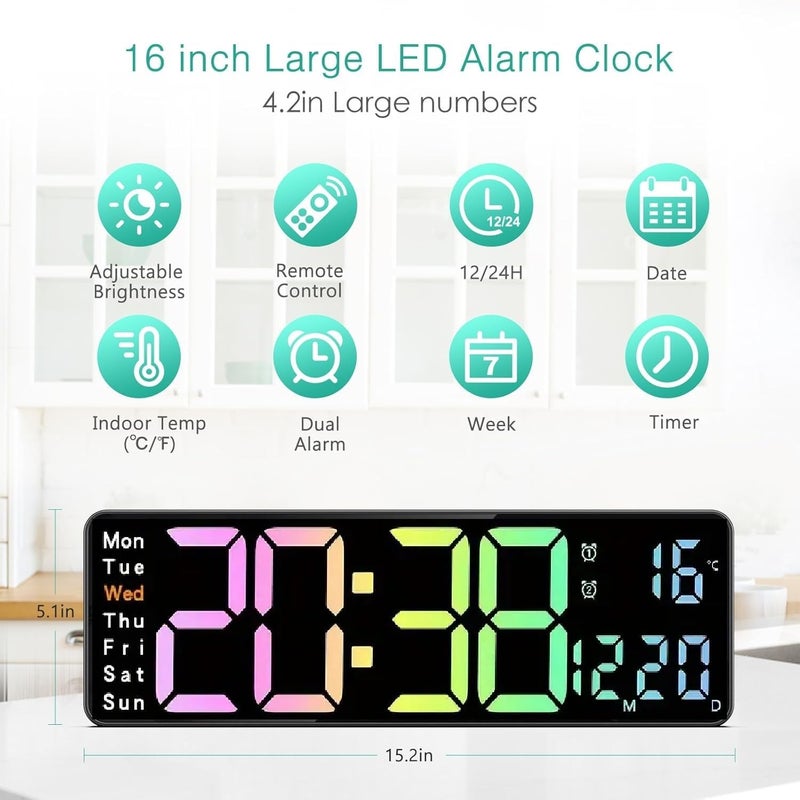 RtnSparsh Digital LED Wall Clock for Living Room Decor Large Display with Date Temperature Week Desk Alarm Clock for Bedroom with Remote Control for Office Home RGB - Image 5