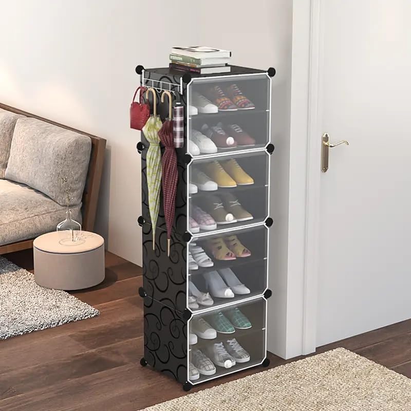 KEEKOS Shoe Rack Plastic,Portable with Dustproof Door, Multi-Purpose Plastic for Home Foldable Portable Shelves Chappal, Slipper, Heels, Boots,Stand (Black, 7-Shelf-4-Door) - Image 1