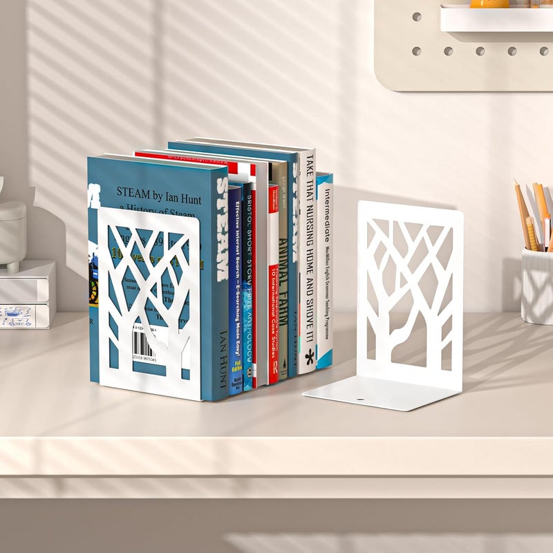 VFINE Withe Bookends, 4 Pieces Tree Design Bookends for Shelves, Metal Book Ends for Desk, Bookshelf Bookends Decoration Stylish Metal Book Ends for Home Office School Supplies - Image 5
