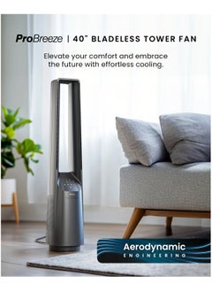 Pro Breeze Pro Breeze 40" Bladeless Tower Fan - Ultra Quiet Standing Portable Air Circulator with Remote Control, Timer, LED Display & 10 Speeds - Silver  - Image 2