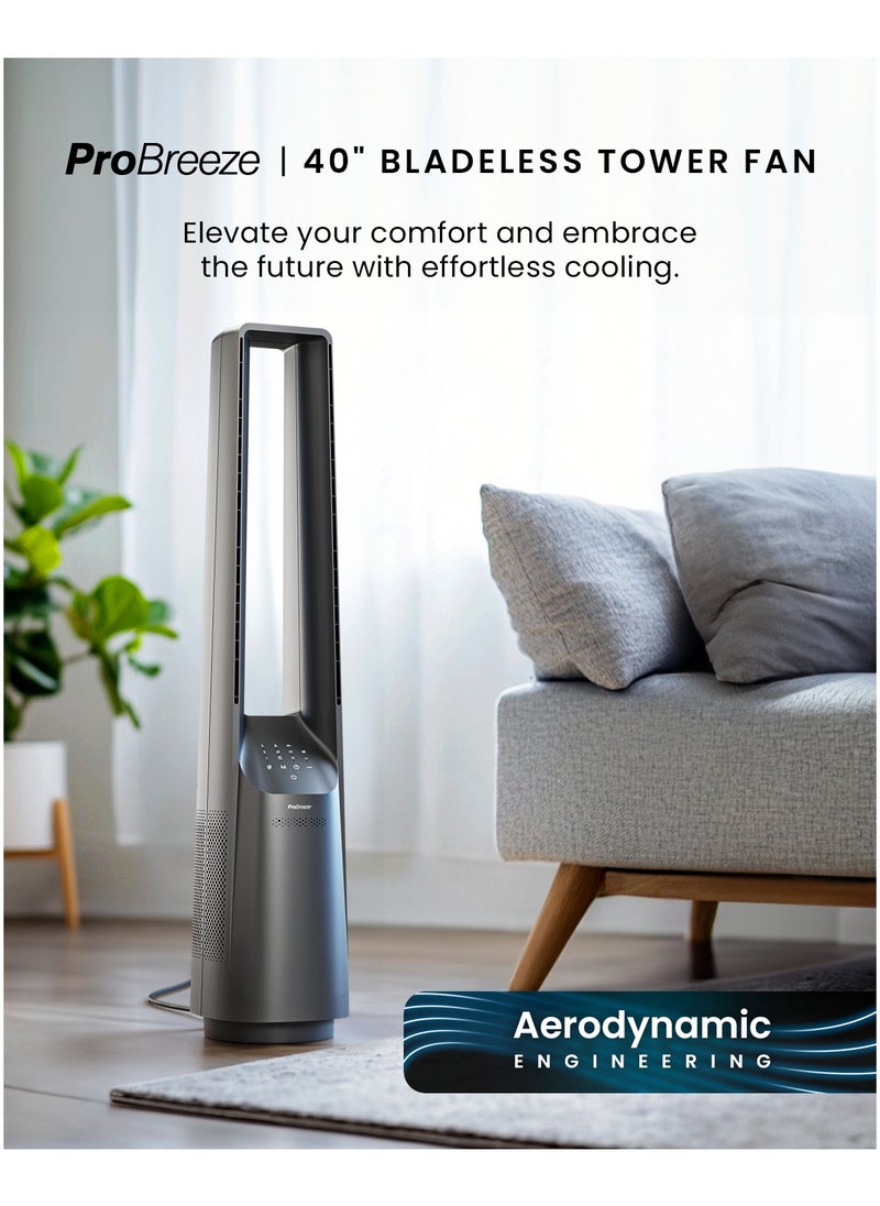 Pro Breeze - Pro Breeze 40" Bladeless Tower Fan - Ultra Quiet Standing Portable Air Circulator with Remote Control, Timer, LED Display & 10 Speeds - Silver - Image 1