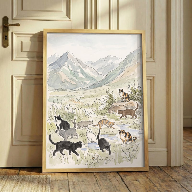 TNESSENTIAL Watercolor Cat Print – Vintage Mountain Landscape, Kids Nursery Wall Art, Cottagecore Decor, Meadow Cats Painting, Storybook Poster - Image 1