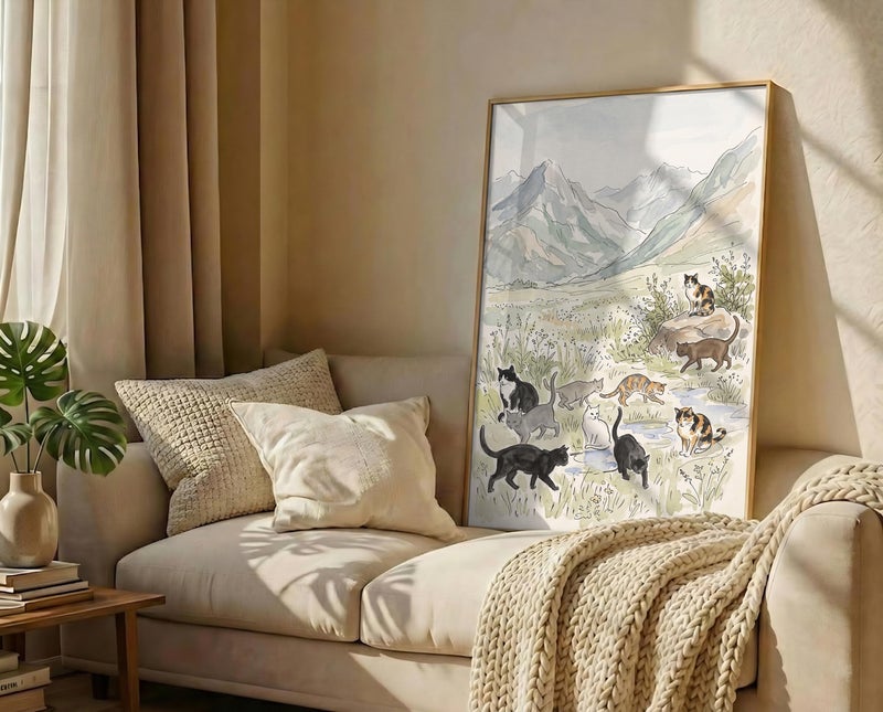 TNESSENTIAL Watercolor Cat Print – Vintage Mountain Landscape, Kids Nursery Wall Art, Cottagecore Decor, Meadow Cats Painting, Storybook Poster - Image 3