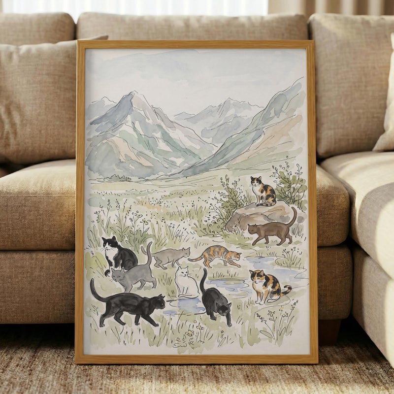 TNESSENTIAL Watercolor Cat Print – Vintage Mountain Landscape, Kids Nursery Wall Art, Cottagecore Decor, Meadow Cats Painting, Storybook Poster - Image 5