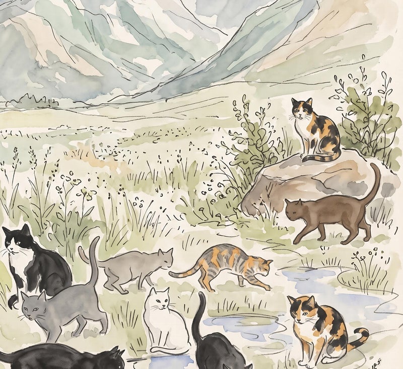 TNESSENTIAL Watercolor Cat Print – Vintage Mountain Landscape, Kids Nursery Wall Art, Cottagecore Decor, Meadow Cats Painting, Storybook Poster - Image 2