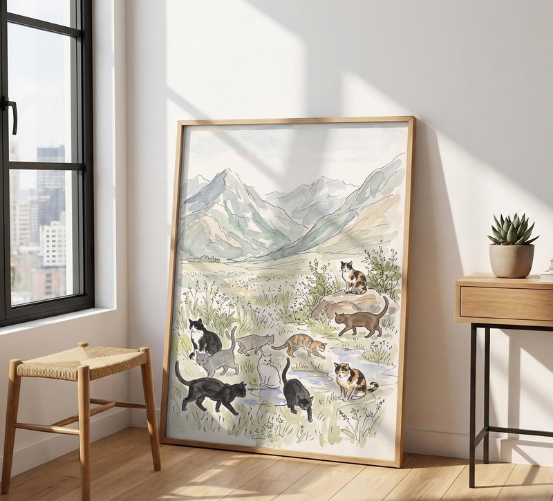 TNESSENTIAL Watercolor Cat Print – Vintage Mountain Landscape, Kids Nursery Wall Art, Cottagecore Decor, Meadow Cats Painting, Storybook Poster - Image 4