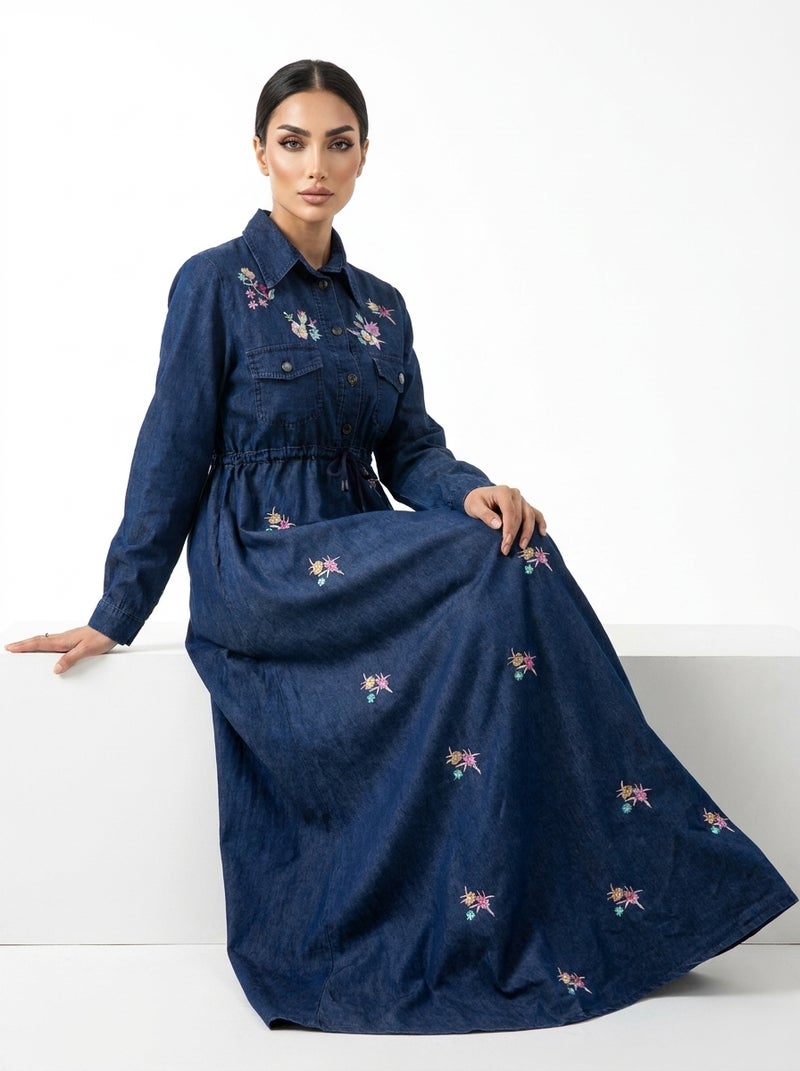 Light Jeans - Elegant Long Women's Dress with Floral Embroidery, Dark Blue Color, Perfect for Daily & Formal Occasions, Elastic Waist, Plus-Size Friendly Design - Size XL (70 KG) - Image 4