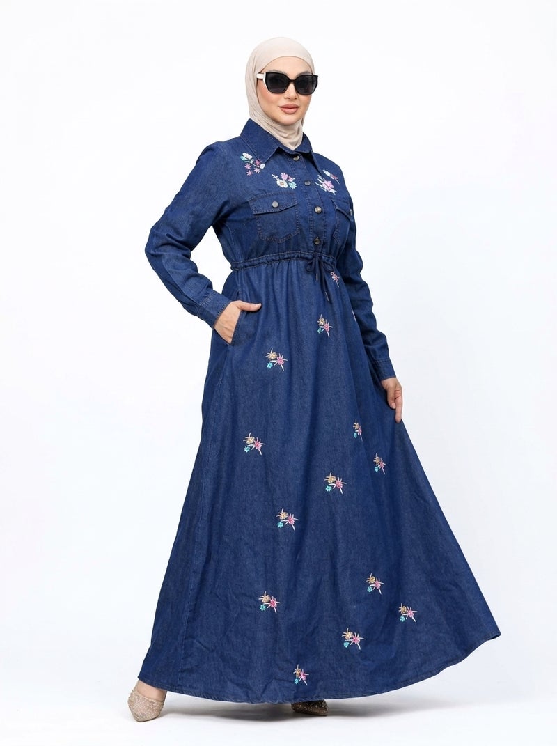 Light Jeans - Elegant Long Women's Dress with Floral Embroidery, Dark Blue Color, Perfect for Daily & Formal Occasions, Elastic Waist, Plus-Size Friendly Design - Size XL (70 KG) - Image 3
