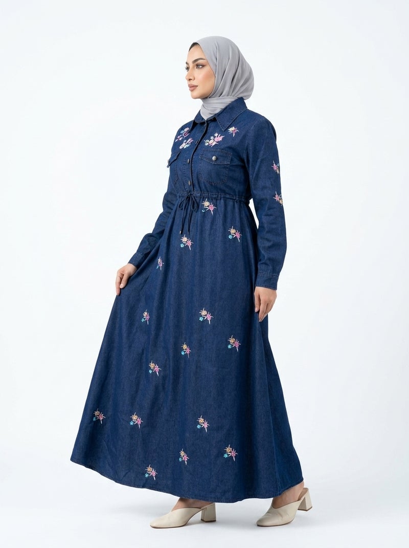 Light Jeans - Elegant Long Women's Dress with Floral Embroidery, Dark Blue Color, Perfect for Daily & Formal Occasions, Elastic Waist, Plus-Size Friendly Design - Size XL (70 KG) - Image 2