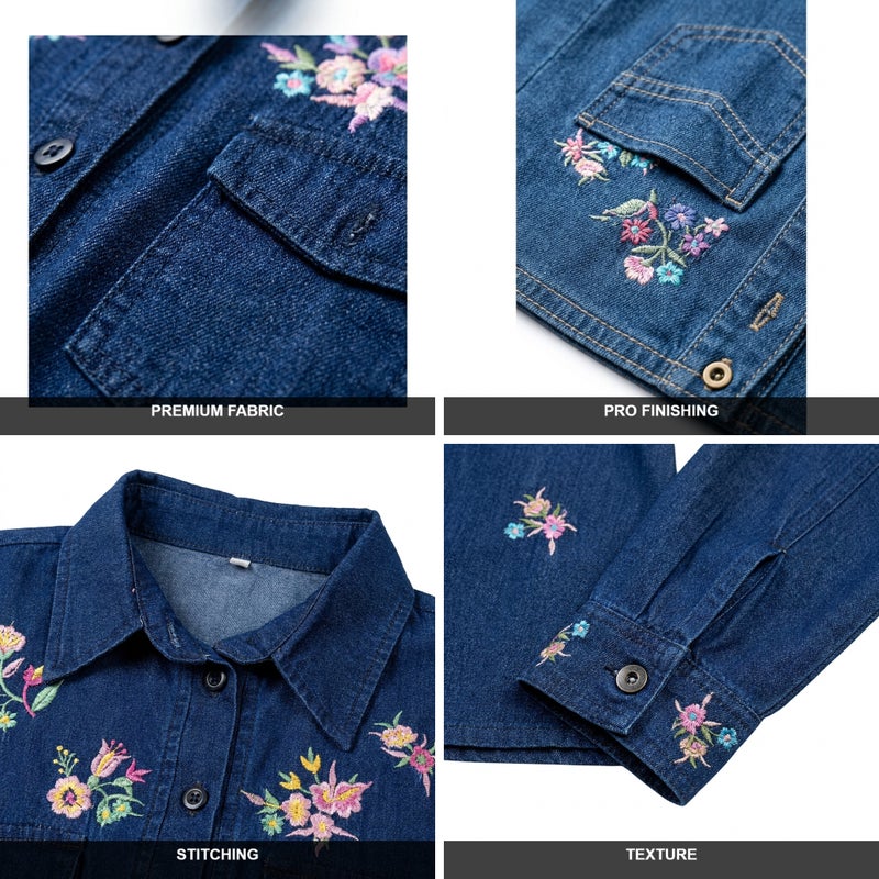Light Jeans - Elegant Long Women's Dress with Floral Embroidery, Dark Blue Color, Perfect for Daily & Formal Occasions, Elastic Waist, Plus-Size Friendly Design - Size XL (70 KG) - Image 5