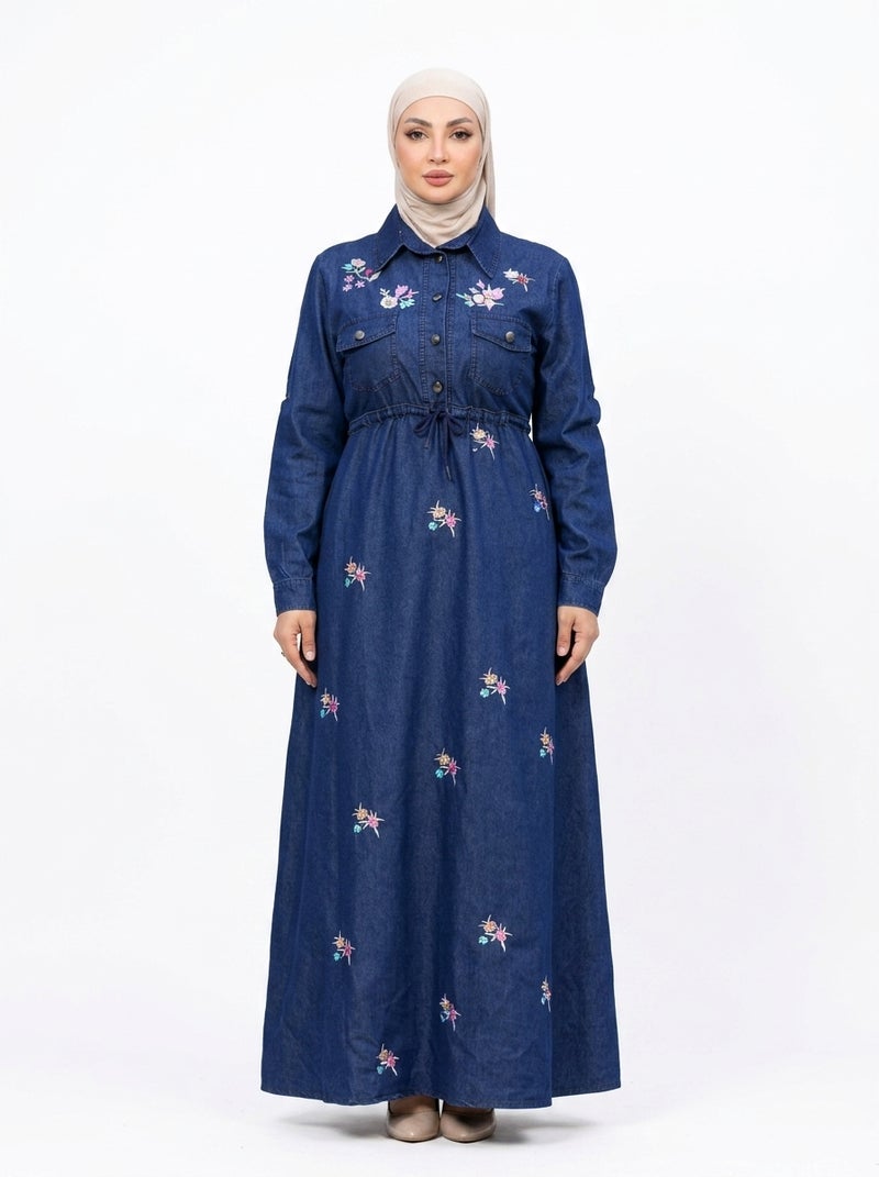 Light Jeans - Elegant Long Women's Dress with Floral Embroidery, Dark Blue Color, Perfect for Daily & Formal Occasions, Elastic Waist, Plus-Size Friendly Design - Size XL (70 KG) - Image 1